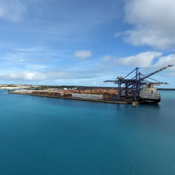 Cargo ship loading and unloading.