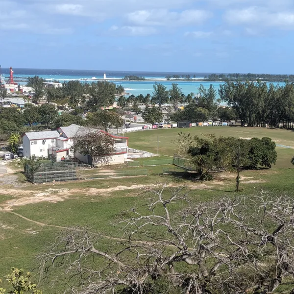 cricket club and beach beyond