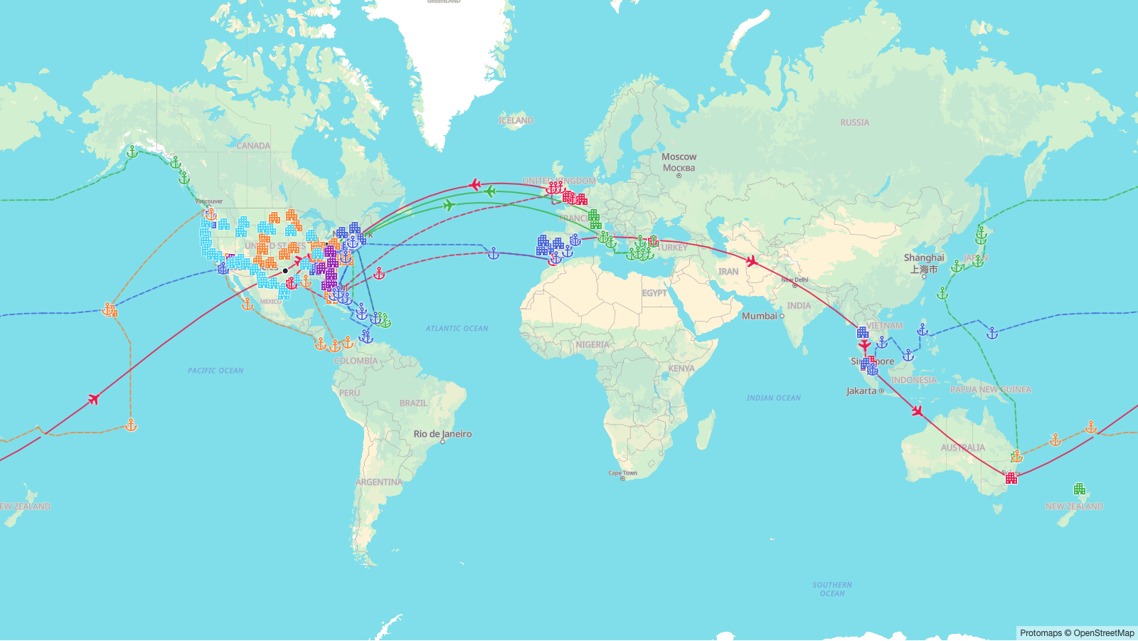 A world map of our flights, cruises and hotel stays