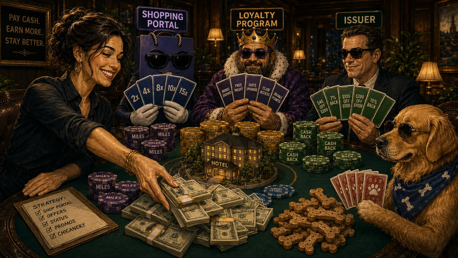 Poker game between shopping portal, loyalty program, issuer and dog